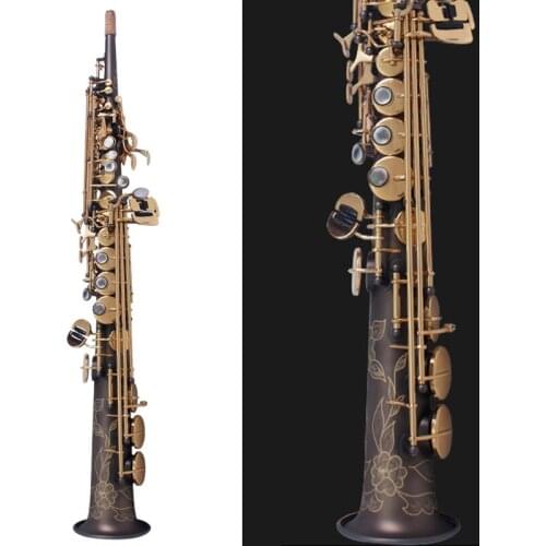 Brass Straight B Flat Soprano Sax Saxophone NAIPUTESI NT-802 Key type Matte Black nickel gold Carve Pattern with Carrying Case