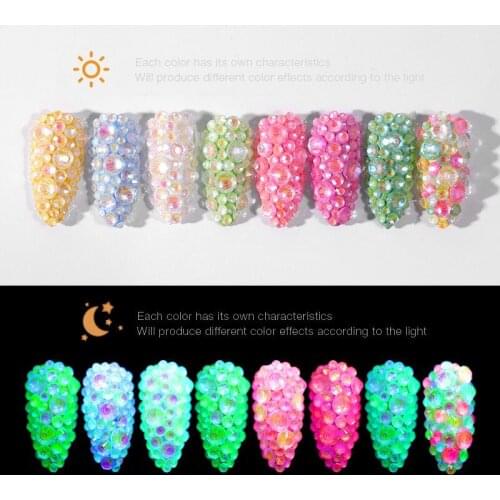 Swarovsky Luminous Crystal AB Nail Rhinestones Mix Size Glitter Glass Gem 3D Charm Flatback Fluorescence Nail Art Decorations