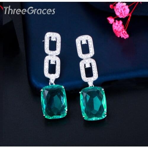 ThreeGraces Trendy Light Blue Cubic Zirconia Long Rectangle Silver Color Dangle Earrings for Ladies Fashion Party Jewelry ER572
