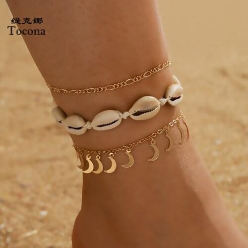 Tocona 3pcs/sets Bohemian Moon Anklets for Women Charming Summer Shell Handmade Tassel Foot Chian Jewelry Accessories 14208