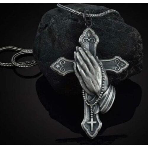 Vintage Cross Praying Hands Necklace Pendant Faith Crucifix Anniversary Jewelry Holy God Christian Necklace for Men Women