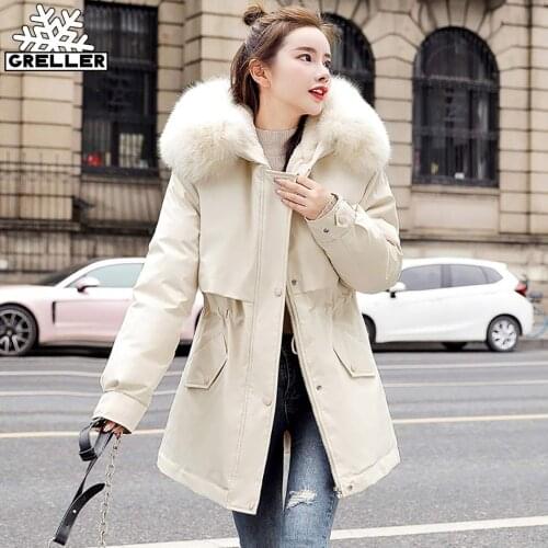 GRELLER Women Long Winter Jacket Cotton-Padded Thick Drawstring Parkas Fur Liner Winter Coat Female Warm Casual Hooded Outfits