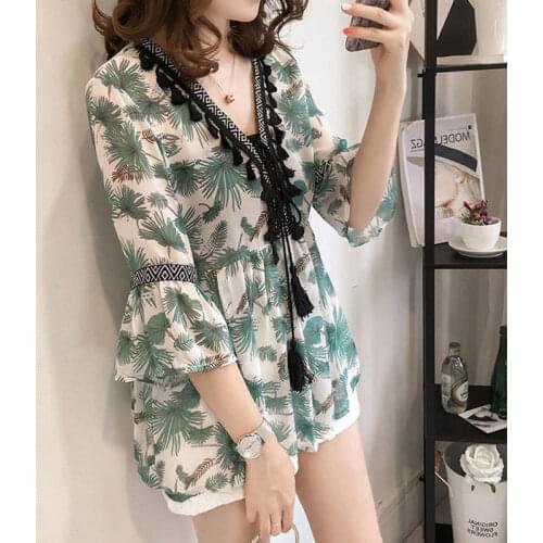 Women Fashion Bohemian Chiffon Blouse Female Tassel Floral Printed Shirt Flare Sleeve V-neck Loose Tops Plus Size Streetwear