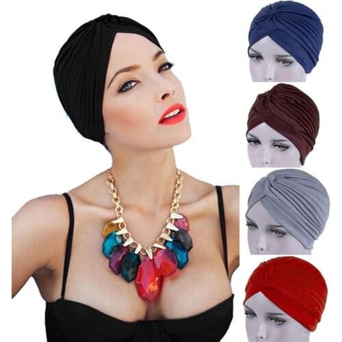 2020 Bandanas Women Stretchy Turban Muslim Hat Headband Warp Female Chemo Hijab Knotted Indian Cap Adult Head Wrap For Women
