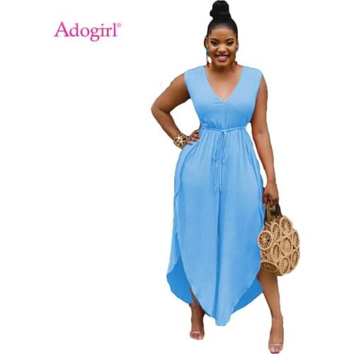 Adogirl Women Solid Loose Beach Casual Jumpsuit Sexy V Neck Sleeveless Drawstring Waist Wide Leg Pants Fashion Romper Overalls
