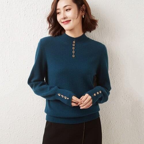 2021Women Autumn New 100% Pure Wool Half High Neck Puff Sleeve Knitting Pullover Casual woman Cashmere Sweater Simple Fashion
