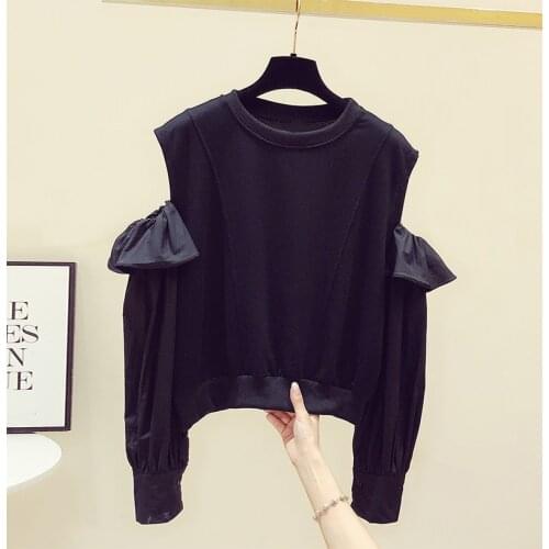 2020 Autumn New Fashion Hoodie Tops Loose-Fitting Casual Round-Neck Pullover Jumper Womens Shirt Off-the-Shoulder Stitching Top