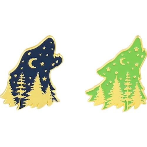 Wolf Head Hard Enamel Pins Collecting Crescent Moon Starry Sky Metal Cartoon Brooch Backpack Collar Lapel Badges Fashion Jewelry