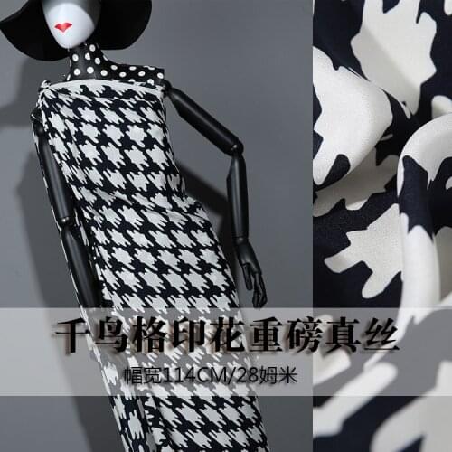 1 Meter Deep Hidden Blue Houndstooth Print Heavy Silk Fabric 100% Mulberry Ready-to-wear Custom