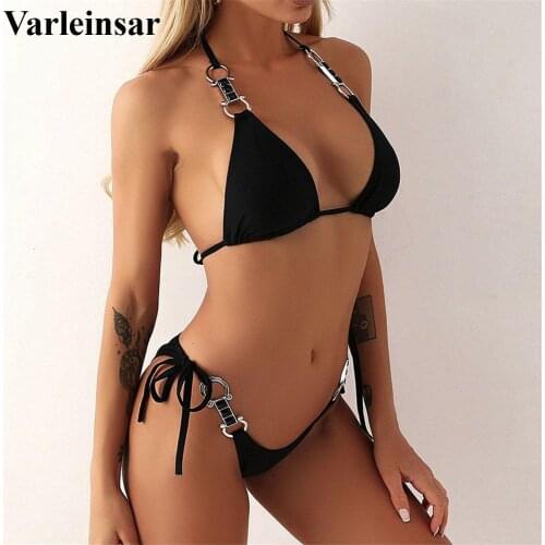 2021 Sexy Metal Rings Diamond Bikini Female Swimsuit Women Swimwear Two-pieces Bikini set Knotted Bather Bathing Suit Swim V2728