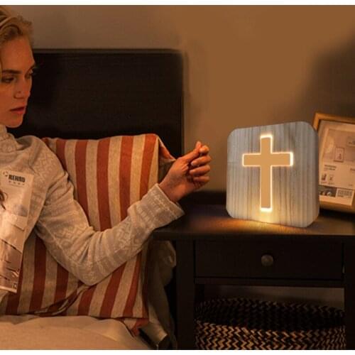 3D Wooden Cross USB Night Light LED Table Lamp Novelty Kids Bedroom Coffee Shop Decoration Christian Gift