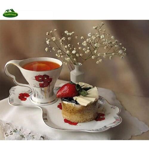 5D DIY Diamond Painting Flower Cross Stitch Coffee &Cake Afternoon Tea Needlework Home Decorative Full Square Diamond Embroidery