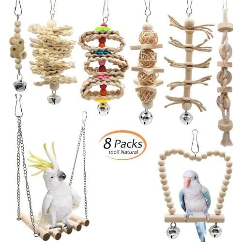 8 Pcs Bird Toys Parrot Swing Chewing Toys with Bell Creatiee Natural Wood Standing Hanging Hammock Bird Cage Toys