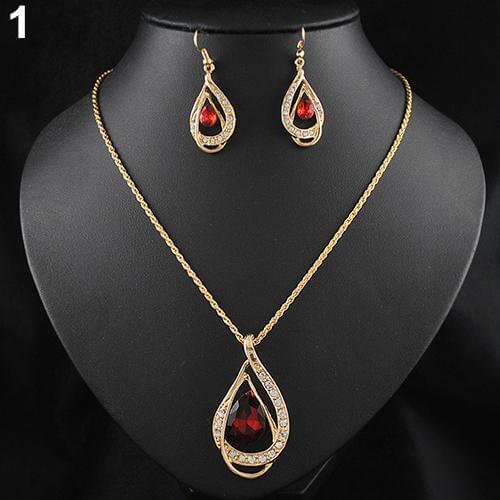 Banquet Party Jewelry Set Waterdrop Crystal Stone Earrings Pendant Necklace Golden Chain fashion
