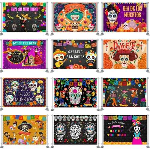 Day of The Dead Background for Mexican Fiesta Skull Floral Photography Backdrop Death Pattern Birthday Party Photobooth