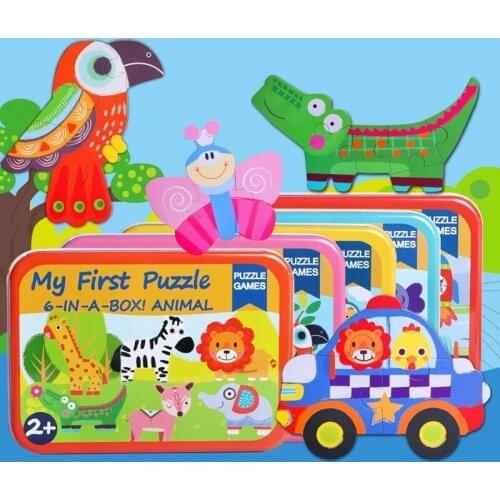 Wooden Toy Wooden Puzzle 6 in 1 Box Cartoon Animal 3D Puzzle Toy Montessori Childrens Education Toys Gift for Children