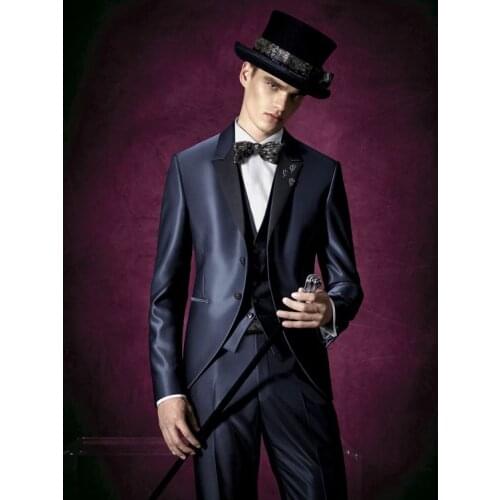Hot Sale Two Buttons Navy Blue Groom Tuxedos Peak Lapel Groomsmen Mens Wedding Prom Suits (Jacket+Pants+Vest+Tie) NO:126