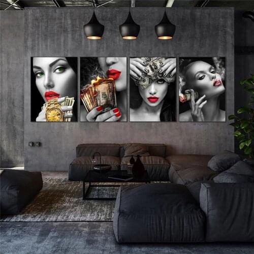 Beauty WomanSmile Red Lips Smoking Picture Burning Dollar Money Canvas Painting Wall Art Poster Home Decoration for Living Room