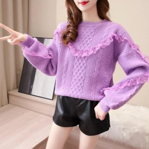 2021 fall/winter new style Japanese foreign temperature soft wind lace edge loose pullover sweater sweater top women