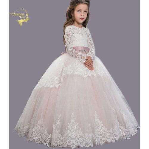 Abito fiori Blush Pink Glitz Pageant Dresses for Girls Open Back Long Sleeves First Communion Dress Tutu Ball Gowns Baby Costume