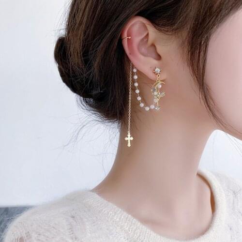 S925 Silver Needle Women Earrings French Retro Ear Bone Clip Pearl Rhinestone Moon Long Tassel Ear Jewelry Fashion Pendant Gift