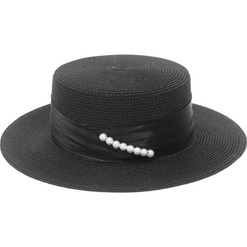 2021 Summer Paper Hat Elegant Women White Pearl Belt Decoration Flat Top Sunscreen Beach Fashion Hats British Lady
