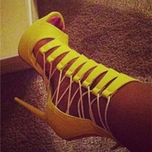 Stylish Hollow Cage Shoes Yellow Suede Peep Toe High Platform Dress Shoes Cutouts Strappy Pumps Back Zipper Size 42