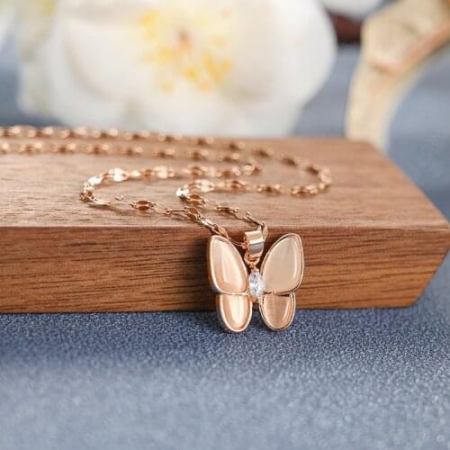 Japanese and Korea Style Necklace Opal Butterfly Necklace Non-Fading All-Match Rose Gold Clavicle Chain Necklaces for Women