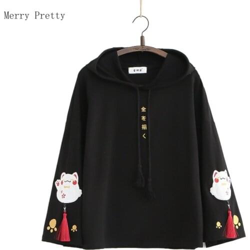Women Cotton Hooded Sweatshirts With Cartoon Embroidery Casual Hoodies Flare Sleeve Balck Harakuju Pullover 2021 Kawaii Chothes
