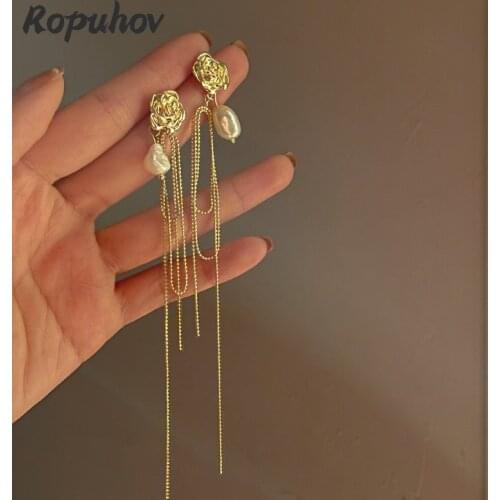 Ropuhov 2021 New Trendy 925 Silver Needle Rose Baroque Retro Freshwater Pearl Earrings Flower Metal Long Tassel
