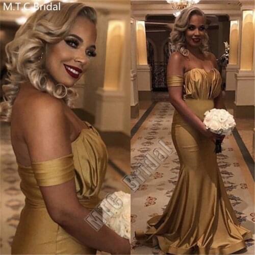 Champagne Mermaid Long African Bridesmaid Dresses Sweetheart Pleat Satin Plus Size Maid Of Honor Dress For Wedding Party Cheap