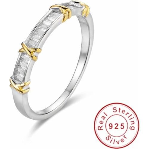 Ladys 925 Sterling Silver Emerald cut Stone Couple rings for Women Brand Yellow Gold Cross Eternal Wedding Thin Ring Jewelry