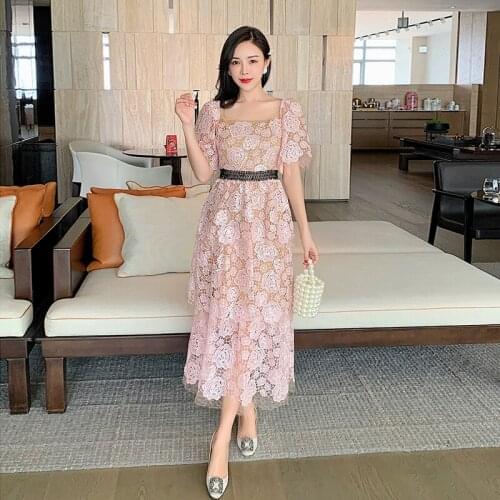 2021 Summer Pink Floral Womans Lace Embroidered Dress High Waist Layers Ruffles Elegant Party Midi Dresses Female New Clothing