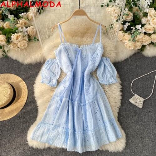 ALPHALMODA 2021 Spring Summer Off-shoulder Beautiful Beach Dress Hollow Out Embroidery Sweet Sling Ruffle Short Dress
