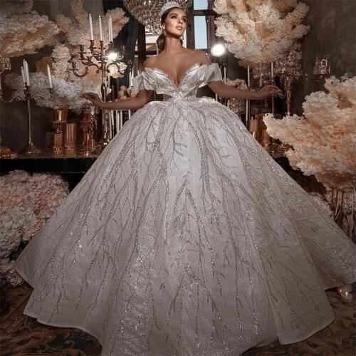 2021 Glamous Wedding Dresses Ruffles Off the Shoulder Glitter Puffy Bridal Gowns Vintage Lace Backless vestido de novia