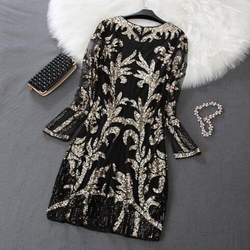 High quality spring Summer Womens elastic sequins paillette beaded dress female vintage sexy bling bling party dress 1123