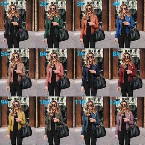 2021 Hot New Women Zipper Bomber Biker Blazer Tops Jacket Coat Pu Leather Overcoat Outwear Long Sleeve Stand Collar