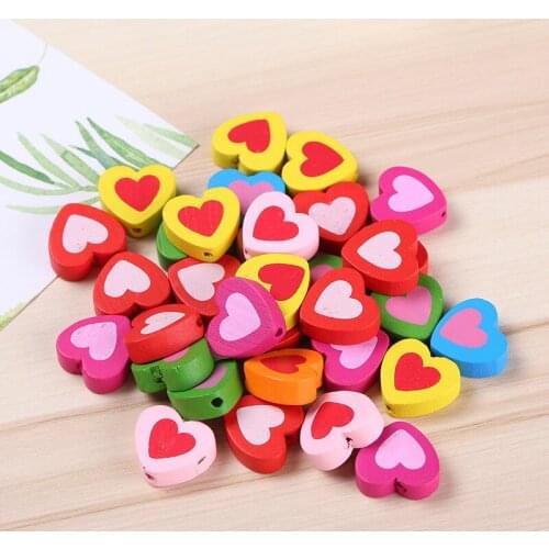 NEWEST DIY 50Pcs/Set Colorful Painted Heart Shape Beads Wooden Spacer Beads For Kids Jewelry Making Handcraft Bear Smiling Face