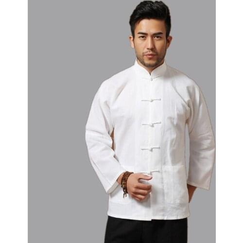 White Men Cotton Linen Long sleeve Kung Fu Shirt Classic Chinese Style Tang Clothing Size S M L XL XXL XXXL hombre Camisa 020626