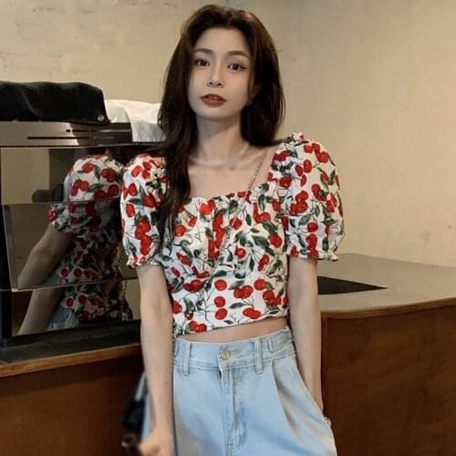 New Short Top Women Design Sense Niche Summer New Puff Sleeve Square Neck Floral Blouse