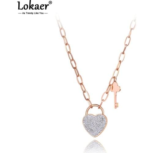 Lokaer Titanium Stainless Steel CZ Crystal Key & Lock Charm Pendant Necklaces Bohemia Heart Link Chain Necklace For Women N21043