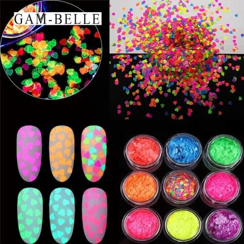 GAM-BELLE 1 Pack Fluorescence Heart Nail Sequins 3D Colourful Nail Art Glitter Flakes Decorations Neon Sequins Manicure Tools