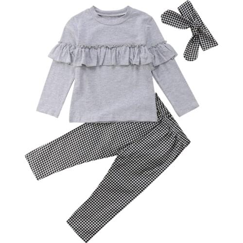 Toddler Kids Baby Girl Ruffle Plaid Tops Pants Leggings 3Pcs Set Outfits Clothes Size 2-6T