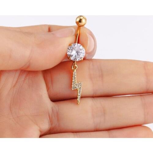 Belly Button Rings Surgical Steel Lighting Navel Rings for Women Curved Barbell CZ Dangle Body Piercing Jewelry 14G