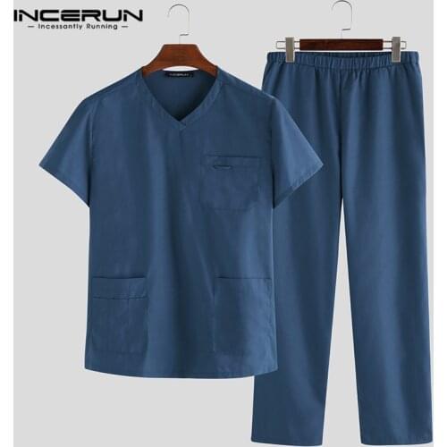 INCERUN Men Sets V Neck Short Sleeve Tops Retro Long Pants Homewear Casual Solid Color Overalls Pockets Men Clothes Sets S-5XL
