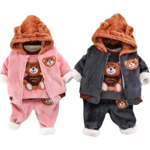 Children Autumn Winter Sets Girl Sports Leisure Plus Velvet Thicken Three-Piece Suit Boy Cartoons Hoodie Waistcoat jacket Suit