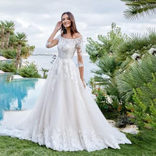 Lace 3/4 Sleeve Off the Shoulder Wedding Dress Turkey A Line Wedding Gowns vestido de noiva Custom Made Bride Dress
