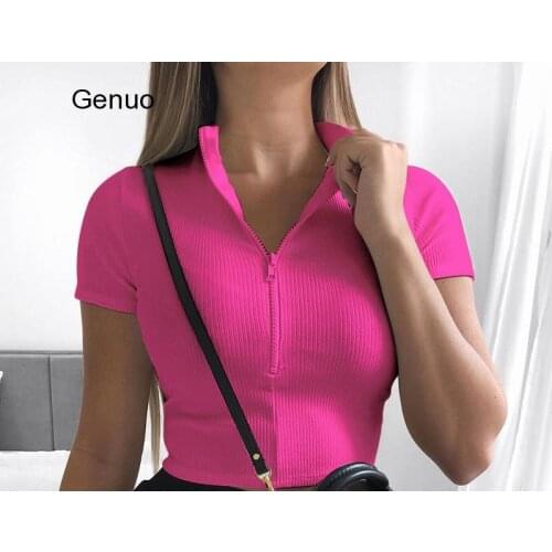 Retro Hot Fashion Slim Fit Zipper Stretch Knitted T Shirt Women Female Bustier Corset High Neck Skinny Croped tee lady shirt