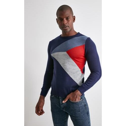 HAFMER Navy Blue Mens Paneled Crew Neck Knitwear Sweater. men sweater sweater men 2021 autumn winter jersey Jumper Robe hombre