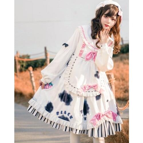 Original Genuine Lolita Strawberry Cow Op Sweet Daily Light Lo Autumn and Winter Long Sleeve Dress in Stock